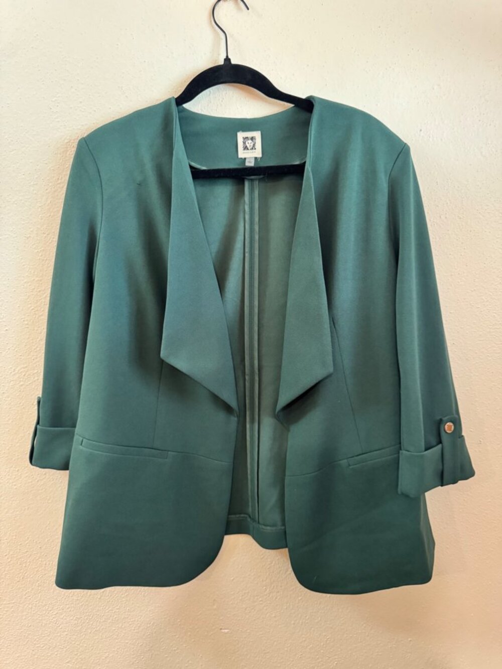 Anne Klein Green Open Front Blazer Size Large 3/4 Sleeve Career